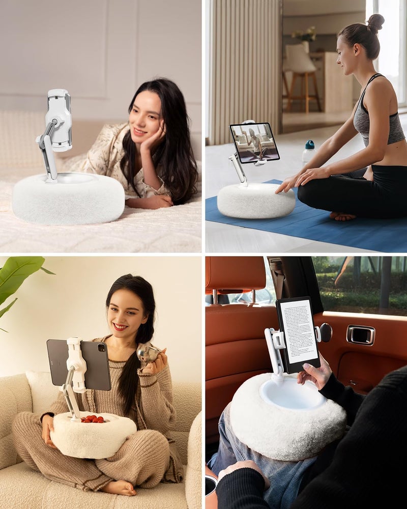Viozon Tablet Stand Pillow, Compatible with 4.7"-13" Phone/Tablet, iPad, iPhone, Samsung, Google, Kindle, 360°Adjustable Phone Holder for Bed with Soft Plush Fabric, and Detachable Bowl, White - Image 2